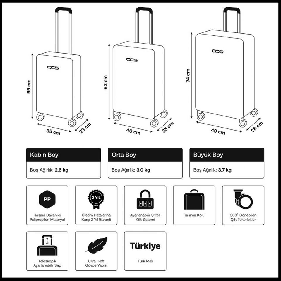 ÇÇS 5224 Polipropilen Üçlü Set Valiz Siyah